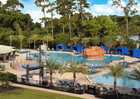 This image shows a resort-style swimming pool area with lounge chairs, cabanas, palm trees, and a rock formation, surrounded by lush greenery.