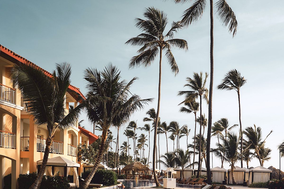 The image shows a serene resort pool surrounded by lounge chairs and tall palm trees, with a building on the left-hand side under a clear sky.